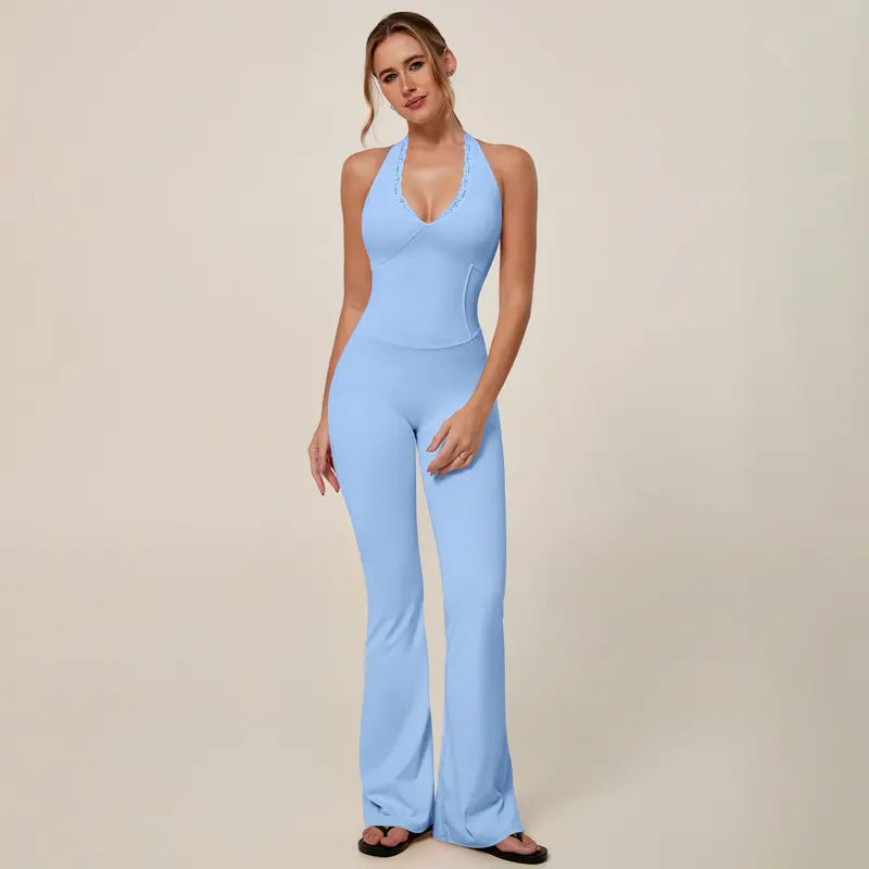 TIMEOFF Women's Backless Halter Sporty Jumpsuit - Soft Stretch Moisture-Wicking Fabric, Athletic Style Activewear Clothing, Workout Outfit for Yoga & Gym, Backless Sports Jumpsuit,summerwins