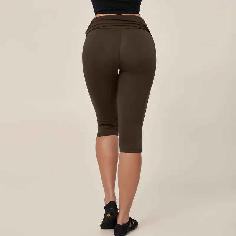 TIMEOFF Women's Fold‑Over Waist Knee‑Length Leggings - Two‑Way Wearable, Butt‑Lifting Design, Stretchy Breathable Fabric | Tummy Control, Non‑Slip, No Ride‑Up | Ideal for Yoga, Gym, Running & Casual Wear