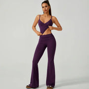 TIMEOFF Women's 2-Piece Athletic Sportswear Matching Set - Deep V Crop Cami & Flared Pants, Adjustable Minimalist Fabric, Buttock Lifting Sculpting, Back Hollow-Out, Athleisure Breathable Clothes for Yoga & Workout Daily Wear, 2 Piece Sets, Workout Sets F