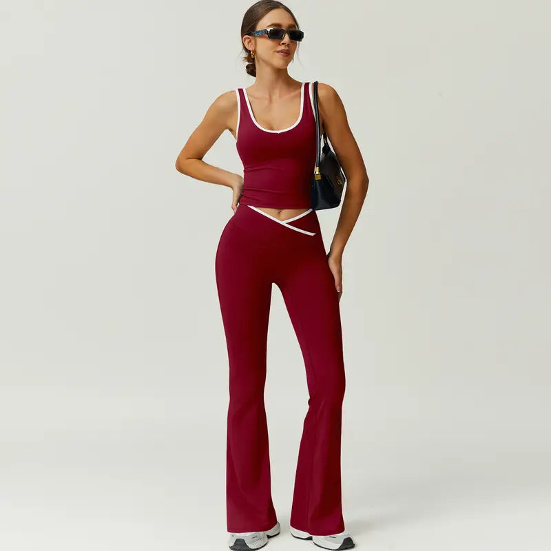 TimeOFF Two-Piece Color Block U-Neck Piped Tank & Bell Bottom Set, Deep V-Back Cutout, Contrast Binding Detail, Solves Trendy & Sculpting Need for Gym, Dance & Chic Casual Occasions,loungesetwomen,sweatsuits women,comfort sweat set,summerwins