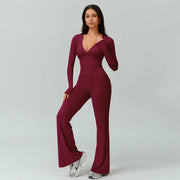 TIMEOFF Women's 2-Piece High Stretch Sporty Activewear Set - Long Sleeve Plunging V-Neck Top, Flipped Waist High-Waist Flared Leggings - Gymswear, Fitness Sport Outfits, Athleisure Wear Set for Yoga, Running, 2 Piece Sets, Workout Sets For Women