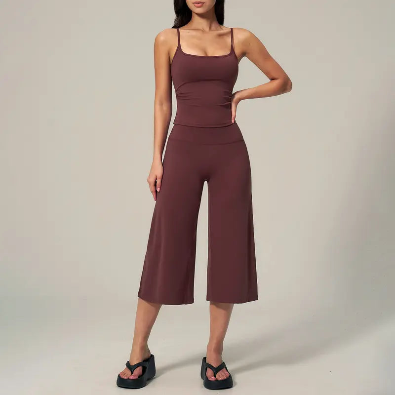 TIMEOFF Women's 2‑Piece Adjustable Strap Workout Set - V‑Shape Back Cami & High Waist Cropped Wide Leg Capris, Stretchy Breathable Fabric, 5 Colors | Waist Shaping, Tummy Control, Non‑Restrictive Fit | Ideal for Yoga, Casual Wear & Daily Loungewear