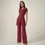 TimeOFF Women's 2-Piece Short Sleeve Workout Set - Fitted Crop Top & High Waist Wide Leg Pants, 4-Way Stretch Soft Fabric, Butt-Lifting Sculpt Seam, Tummy Control, Non-Ride Up, Breathable, Ideal for Yoga, Gym, Women's Clothes, 2 Piece Sets
