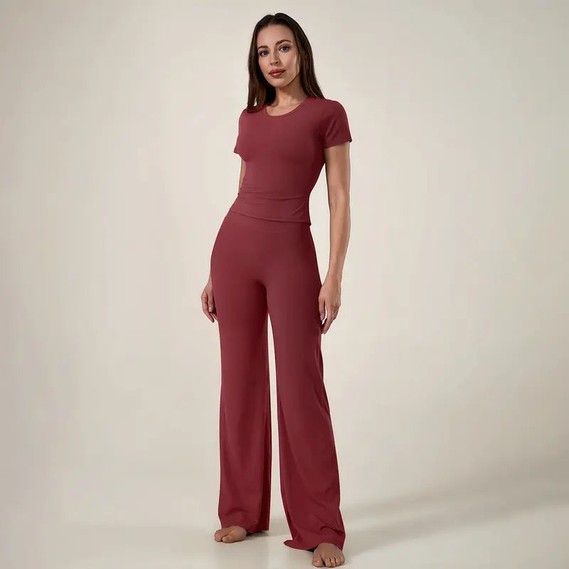 TimeOFF Women's 2-Piece Short Sleeve Workout Set - Fitted Crop Top & High Waist Wide Leg Pants, 4-Way Stretch Soft Fabric, Butt-Lifting Sculpt Seam, Tummy Control, Non-Ride Up, Breathable, Ideal for Yoga, Gym, Women's Clothes, 2 Piece Sets
