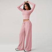 TIMEOFF Women's 2-Piece Stretchy Activewear Set - Long-Sleeve Crop Top & Wide-Leg Pants, Gym Outfit, Athletic Wear, Fitness Sport Outfits, Workout Sets for Women, Two Piece Set