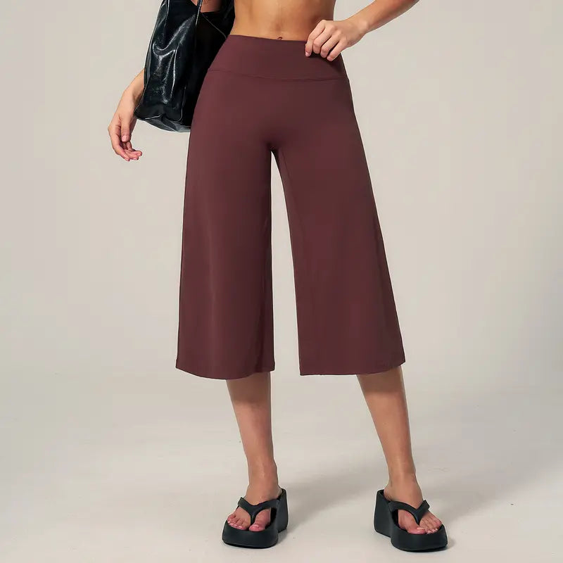 TIMEOFF Women's High Waist V‑Shaped Back Cropped Wide Leg Capris - Butt‑Lifting Sculpt Design, 4‑Way Stretchy Breathable Fabric, 5 Colors Available | Tummy Control, Non‑Restrictive Fit, Wrinkle‑Resistant | Ideal for Yoga, Casual Wear & Daily Loungewear