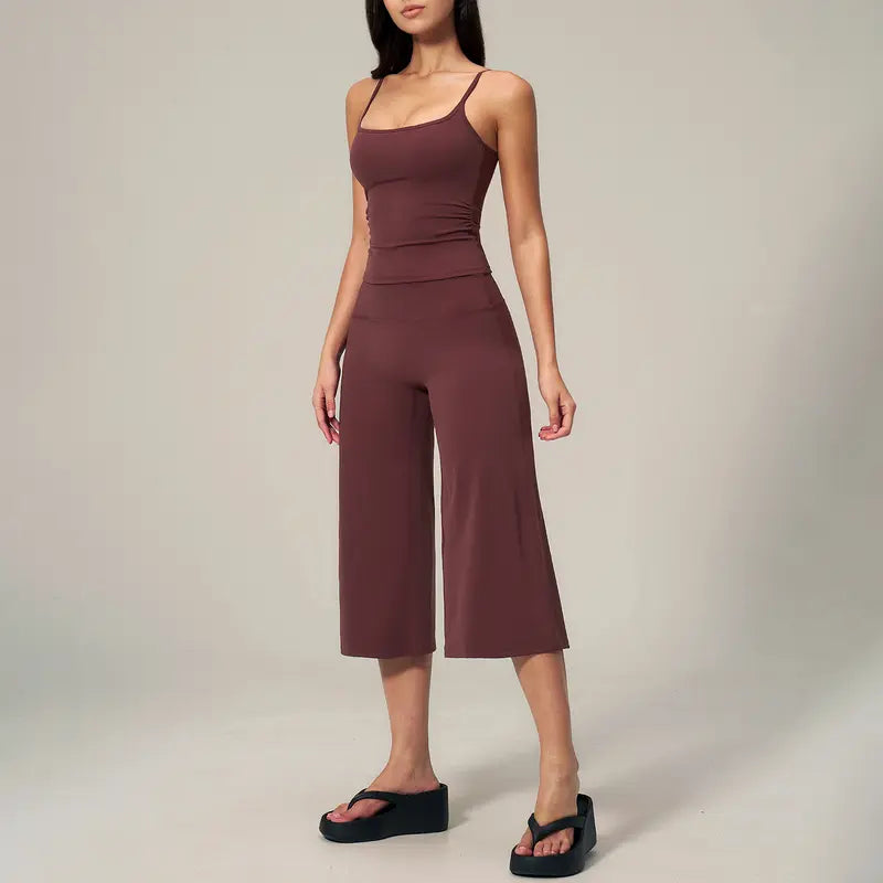 TIMEOFF Women's 2‑Piece Adjustable Strap Workout Set - V‑Shape Back Cami & High Waist Cropped Wide Leg Capris, Stretchy Breathable Fabric, 5 Colors | Waist Shaping, Tummy Control, Non‑Restrictive Fit | Ideal for Yoga, Casual Wear & Daily Loungewear