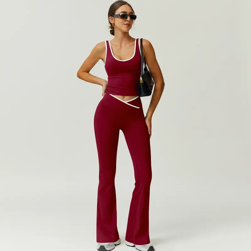 TimeOFF Two-Piece Color Block U-Neck Piped Tank & Bell Bottom Set, Deep V-Back Cutout, Contrast Binding Detail, Solves Trendy & Sculpting Need for Gym, Dance & Chic Casual Occasions,loungesetwomen,sweatsuits women,comfort sweat set,summerwins