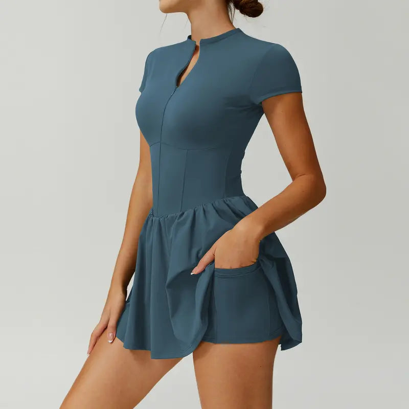 TIMEOFF Women's Short Sleeve Zip-Up Mock Neck Athletic Romper with Flared Skirt - Sporty Chic Dress, Athleisure Tennis Attire, Women's Clothing for Summer Fitness,summerwins