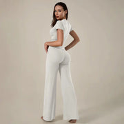 TimeOFF Women's 2-Piece Short Sleeve Workout Set - Fitted Crop Top & High Waist Wide Leg Pants, 4-Way Stretch Soft Fabric, Butt-Lifting Sculpt Seam, Tummy Control, Non-Ride Up, Breathable, Ideal for Yoga, Gym, Women's Clothes, 2 Piece Sets
