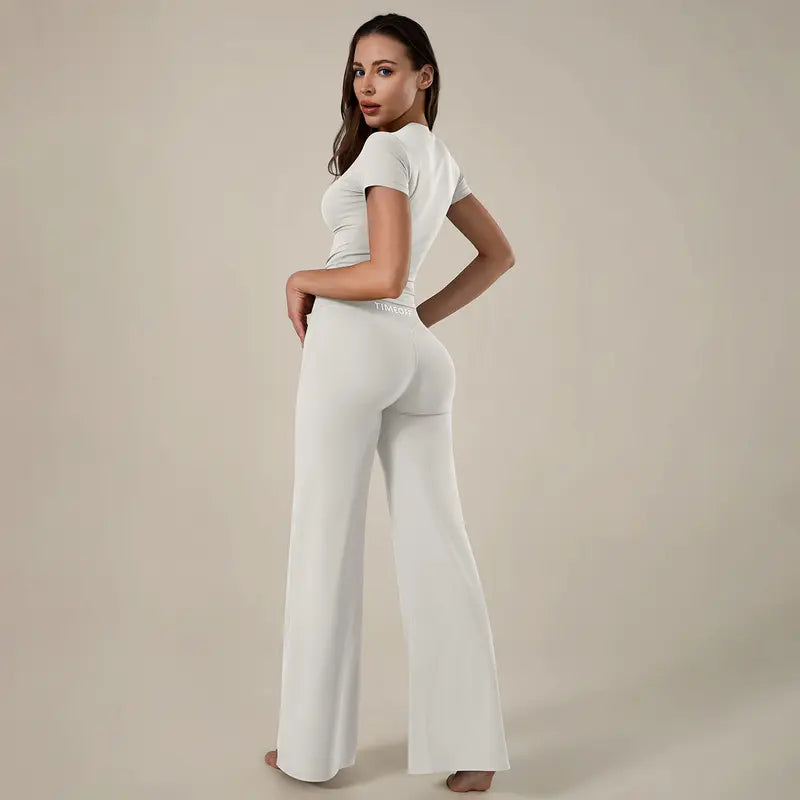 TimeOFF Women's 2-Piece Short Sleeve Workout Set - Fitted Crop Top & High Waist Wide Leg Pants, 4-Way Stretch Soft Fabric, Butt-Lifting Sculpt Seam, Tummy Control, Non-Ride Up, Breathable, Ideal for Yoga, Gym, Women's Clothes, 2 Piece Sets