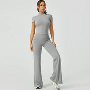 TIMEOFF Women's 2-Piece Matching Sets for Women - Short-Sleeve Crop Top & High-Waist Flared Leggings Sweat Suit, Waist-Cinching, Body-Shaping, Leg Line-Trimming, Flexible Fit for Yoga, Gym