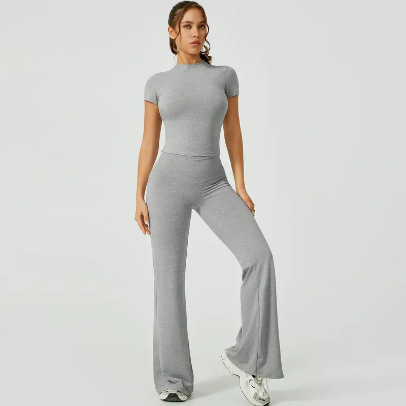 TIMEOFF Women's 2-Piece Matching Sets for Women - Short-Sleeve Crop Top & High-Waist Flared Leggings Sweat Suit, Waist-Cinching, Body-Shaping, Leg Line-Trimming, Flexible Fit for Yoga, Gym