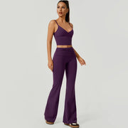 TIMEOFF Women's 2-Piece Athletic Sportswear Matching Set - Deep V Crop Cami & Flared Pants, Adjustable Minimalist Fabric, Buttock Lifting Sculpting, Back Hollow-Out, Athleisure Breathable Clothes for Yoga & Workout Daily Wear, 2 Piece Sets, Workout Sets F