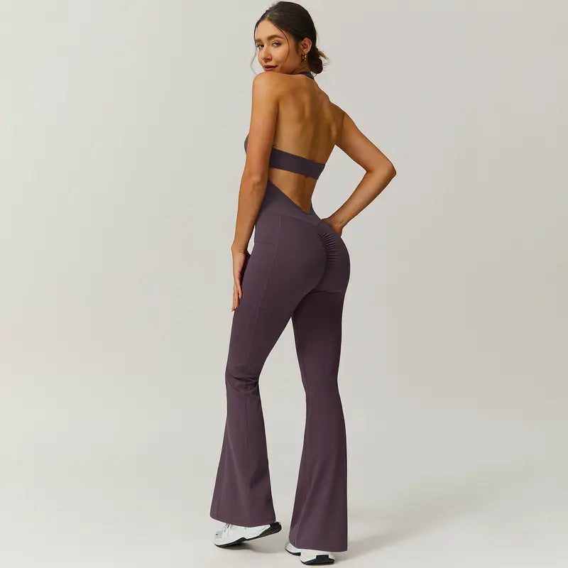 TimeOFF Women's Halter Neck Jumpsuit , Folded Chest, Flared Legs, Butt-Lifting Design , Yoga, Gym & Outdoor Activewear Fitness Outfits Workout Apparel, Solid Color Jumpsuit, Sportswear Jumpsuits
