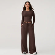 TIMEOFF Women's 2-Piece Stretch Sweatsuit, Solid Cute Clothes Set with Long Sleeve Crop Top and Wide-Leg Pants for Yoga, Sweats