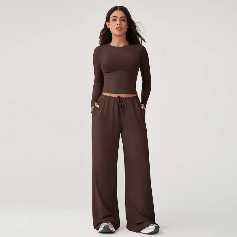 TIMEOFF Women's 2-Piece Stretch Sweatsuit, Solid Cute Clothes Set with Long Sleeve Crop Top and Wide-Leg Pants for Yoga, Sweats