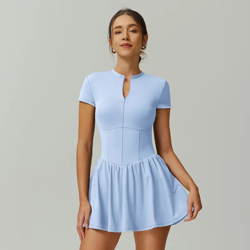 TIMEOFF Women's Short Sleeve Zip-Up Mock Neck Athletic Romper with Flared Skirt - Sporty Chic Dress, Athleisure Tennis Attire, Women's Clothing for Summer Fitness,summerwins