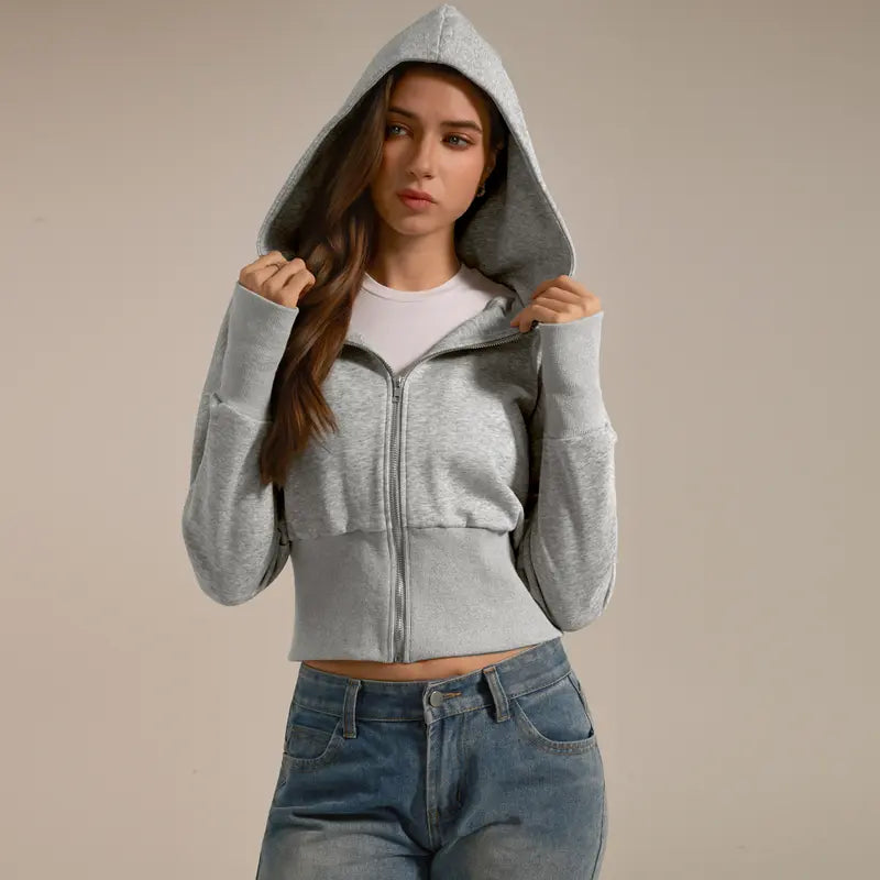 TIMEOFF Women's Cropped Hooded Zip-Up Long Sleeve Gym Jacket - Cozy Fitness Outerwear, Sportswear for Casual Daily Use, Athletic Zip-Up Jackets