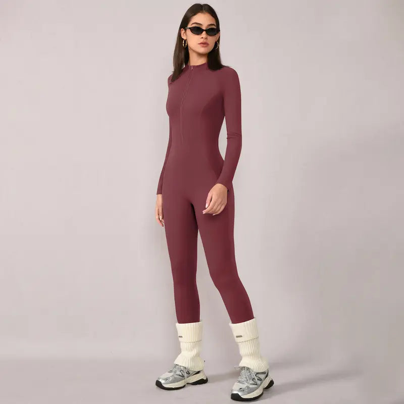 TIMEOFF Women's Long-Sleeve Fleece-Lined Mock-Neck Zip-Up Jumpsuit, Stretchy Body-Sculpting Workout Gym Clothing for Winter Yoga