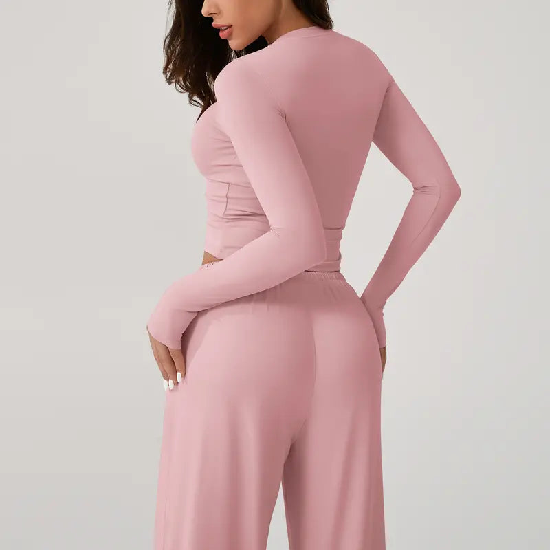 TIMEOFF Women's 2-Piece Stretchy Activewear Set - Long-Sleeve Crop Top & Wide-Leg Pants, Gym Outfit, Athletic Wear, Fitness Sport Outfits, Workout Sets for Women, Two Piece Set