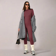 TIMEOFF Women's Long-Sleeve Fleece-Lined Mock-Neck Zip-Up Jumpsuit, Stretchy Body-Sculpting Workout Gym Clothing for Winter Yoga
