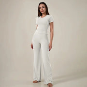 TimeOFF Women's 2-Piece Short Sleeve Workout Set - Fitted Crop Top & High Waist Wide Leg Pants, 4-Way Stretch Soft Fabric, Butt-Lifting Sculpt Seam, Tummy Control, Non-Ride Up, Breathable, Ideal for Yoga, Gym, Women's Clothes, 2 Piece Sets