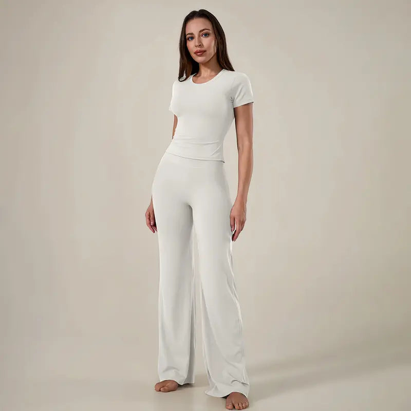 TimeOFF Women's 2-Piece Short Sleeve Workout Set - Fitted Crop Top & High Waist Wide Leg Pants, 4-Way Stretch Soft Fabric, Butt-Lifting Sculpt Seam, Tummy Control, Non-Ride Up, Breathable, Ideal for Yoga, Gym, Women's Clothes, 2 Piece Sets