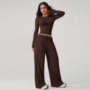TIMEOFF Women's 2-Piece Stretch Sweatsuit, Solid Cute Clothes Set with Long Sleeve Crop Top and Wide-Leg Pants for Yoga, Sweats