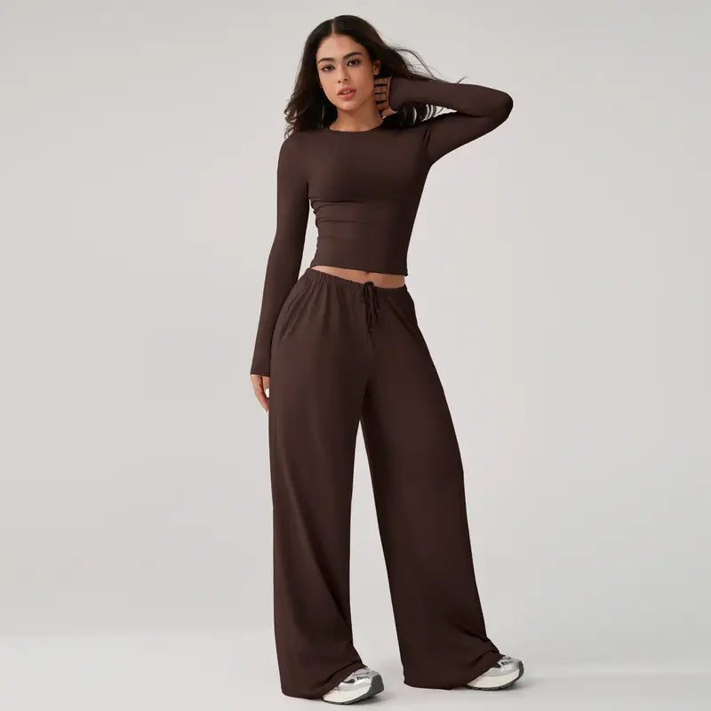 TIMEOFF Women's 2-Piece Stretch Sweatsuit, Solid Cute Clothes Set with Long Sleeve Crop Top and Wide-Leg Pants for Yoga, Sweats