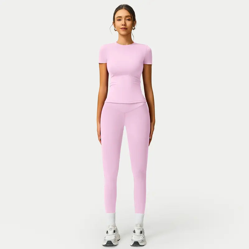 TIMEOFF Women's 2-Piece Sets Gym Workout Set - Sporty Round Neck Quick-Dry Snug Compression Cherry Print Tee, High Waisted Athletic Leggings with Extended Hemline, Breathable Sportswear for Yoga, Gym, Workout Sets For Women