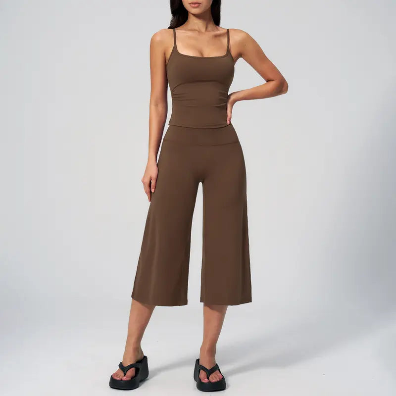 TIMEOFF Women's 2‑Piece Adjustable Strap Workout Set - V‑Shape Back Cami & High Waist Cropped Wide Leg Capris, Stretchy Breathable Fabric, 5 Colors | Waist Shaping, Tummy Control, Non‑Restrictive Fit | Ideal for Yoga, Casual Wear & Daily Loungewear