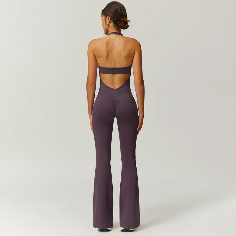 TimeOFF Women's Halter Neck Jumpsuit , Folded Chest, Flared Legs, Butt-Lifting Design , Yoga, Gym & Outdoor Activewear Fitness Outfits Workout Apparel, Solid Color Jumpsuit, Sportswear Jumpsuits
