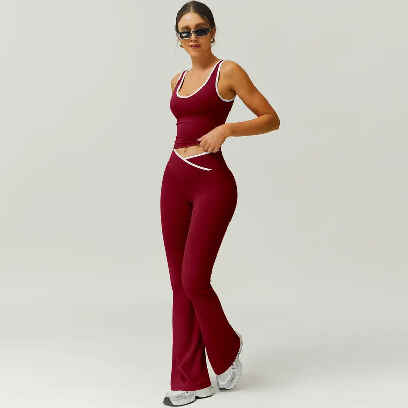 TimeOFF Two-Piece Color Block U-Neck Piped Tank & Bell Bottom Set, Deep V-Back Cutout, Contrast Binding Detail, Solves Trendy & Sculpting Need for Gym, Dance & Chic Casual Occasions,loungesetwomen,sweatsuits women,comfort sweat set,summerwins