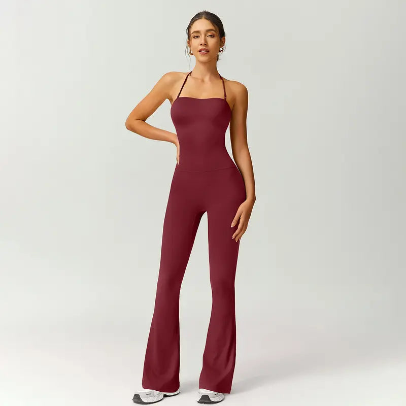 TIMEOFF Women's Halter Neck High Waist Butt Lifting Bodycon Flared Leg Yoga Jumpsuit - Stretchable Solid Color Athleisure Activewear, Trending Clothes for Women for Gym & Fashion Outfits (Athleisure Style, Solid Color Jumpsuit),summerwins