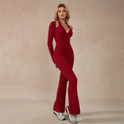 TimeOFF Women's Long-Sleeve Lace-Trim Halter Jumpsuit, Deep V-Neck & Flared Pant Hem, Solves Stylish Support & Flexible Fit Need for Yoga, Dance Workouts & Fashion-Forward Fitness Sessions,jumpsuit women jumpsuit for women
