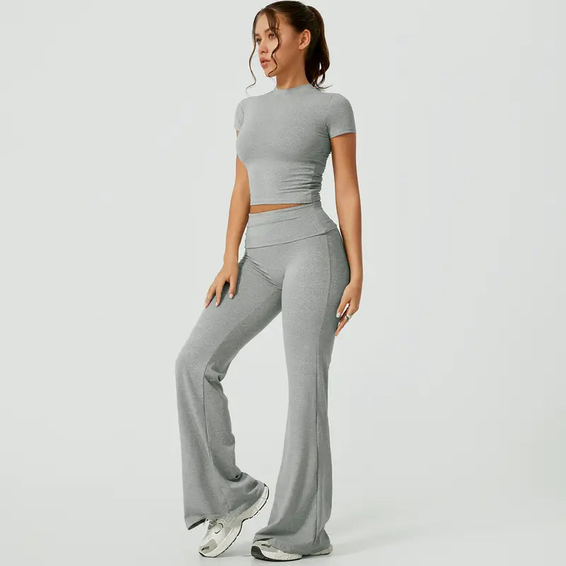 TIMEOFF Women's 2-Piece Matching Sets for Women - Short-Sleeve Crop Top & High-Waist Flared Leggings Sweat Suit, Waist-Cinching, Body-Shaping, Leg Line-Trimming, Flexible Fit for Yoga, Gym