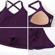 TIMEOFF Women's 2-Piece Solid Color Cross-Back Tank Romper & Sports Skirt Set - High-Stretch Spandex, Cheerleader Style Lace-Up, Gym Yoga Workout Attire, Women's Fashion Clothes, Workout Sets
