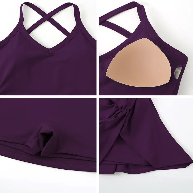 TIMEOFF Women's 2-Piece Solid Color Cross-Back Tank Romper & Sports Skirt Set - High-Stretch Spandex, Cheerleader Style Lace-Up, Gym Yoga Workout Attire, Women's Fashion Clothes, Workout Sets