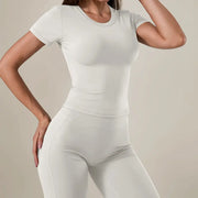 TimeOFF Women's 2-Piece Short Sleeve Workout Set - Fitted Crop Top & High Waist Wide Leg Pants, 4-Way Stretch Soft Fabric, Butt-Lifting Sculpt Seam, Tummy Control, Non-Ride Up, Breathable, Ideal for Yoga, Gym, Women's Clothes, 2 Piece Sets