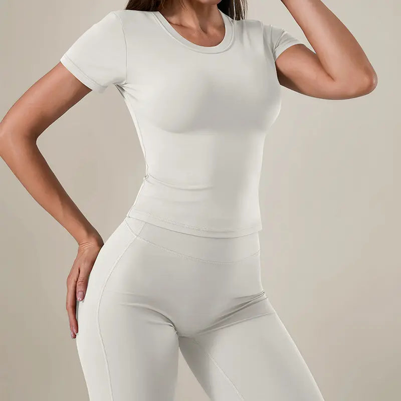 TimeOFF Women's 2-Piece Short Sleeve Workout Set - Fitted Crop Top & High Waist Wide Leg Pants, 4-Way Stretch Soft Fabric, Butt-Lifting Sculpt Seam, Tummy Control, Non-Ride Up, Breathable, Ideal for Yoga, Gym, Women's Clothes, 2 Piece Sets