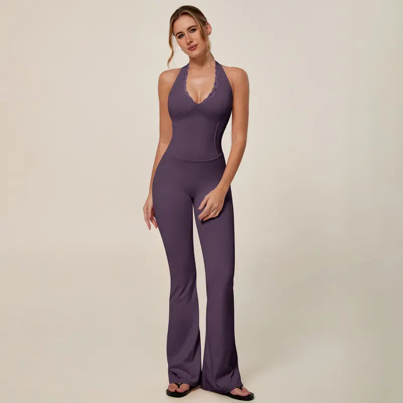 TIMEOFF Women's Backless Halter Sporty Jumpsuit - Soft Stretch Moisture-Wicking Fabric, Athletic Style Activewear Clothing, Workout Outfit for Yoga & Gym, Backless Sports Jumpsuit,summerwins