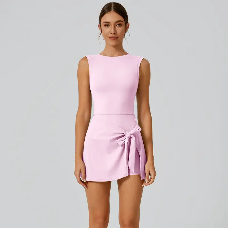 TIMEOFF Women's Off-Shoulder U-Back Workout Dress - Sleeveless, Side-Tie, Built-In Shorts, Soft Stretchy Skin-Friendly Fabric, Ideal for Gym, Yoga Stretch (Sports Sleeveless Dress with Built-In Shorts), Active Dress