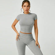 TIMEOFF Women's 2-Piece Matching Sets for Women - Short-Sleeve Crop Top & High-Waist Flared Leggings Sweat Suit, Waist-Cinching, Body-Shaping, Leg Line-Trimming, Flexible Fit for Yoga, Gym