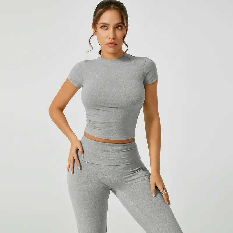TIMEOFF Women's 2-Piece Matching Sets for Women - Short-Sleeve Crop Top & High-Waist Flared Leggings Sweat Suit, Waist-Cinching, Body-Shaping, Leg Line-Trimming, Flexible Fit for Yoga, Gym