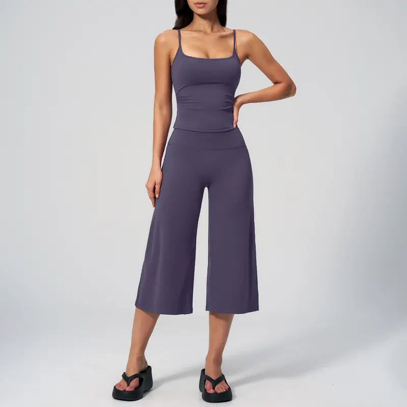 TIMEOFF Women's 2‑Piece Adjustable Strap Workout Set - V‑Shape Back Cami & High Waist Cropped Wide Leg Capris, Stretchy Breathable Fabric, 5 Colors | Waist Shaping, Tummy Control, Non‑Restrictive Fit | Ideal for Yoga, Casual Wear & Daily Loungewear