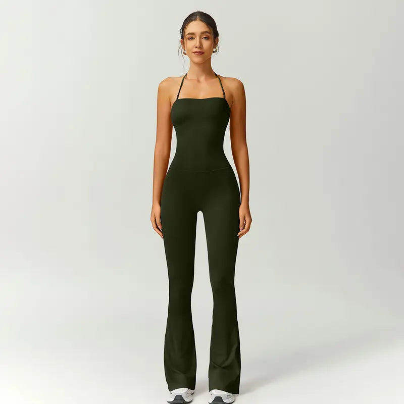 TIMEOFF Women's Halter Neck High Waist Butt Lifting Bodycon Flared Leg Yoga Jumpsuit - Stretchable Solid Color Athleisure Activewear, Trending Clothes for Women for Gym & Fashion Outfits (Athleisure Style, Solid Color Jumpsuit),summerwins