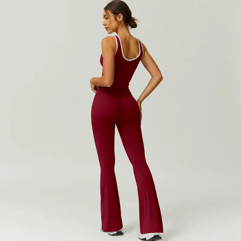 TimeOFF Two-Piece Color Block U-Neck Piped Tank & Bell Bottom Set, Deep V-Back Cutout, Contrast Binding Detail, Solves Trendy & Sculpting Need for Gym, Dance & Chic Casual Occasions,loungesetwomen,sweatsuits women,comfort sweat set,summerwins
