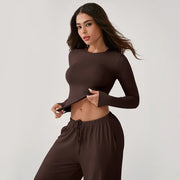 TIMEOFF Women's 2-Piece Stretch Sweatsuit, Solid Cute Clothes Set with Long Sleeve Crop Top and Wide-Leg Pants for Yoga, Sweats