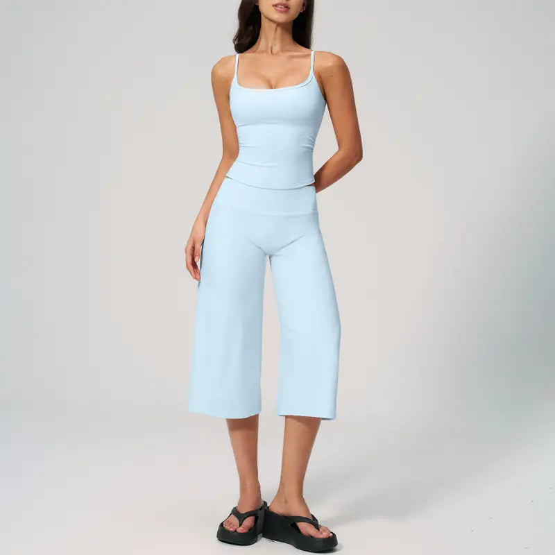 TIMEOFF Women's 2‑Piece Adjustable Strap Workout Set - V‑Shape Back Cami & High Waist Cropped Wide Leg Capris, Stretchy Breathable Fabric, 5 Colors | Waist Shaping, Tummy Control, Non‑Restrictive Fit | Ideal for Yoga, Casual Wear & Daily Loungewear